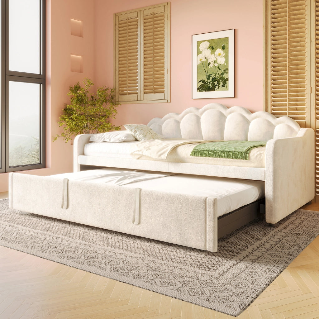 Divano letto estraibile 90x200/180x200 cm con LED multicolore in velluto beige