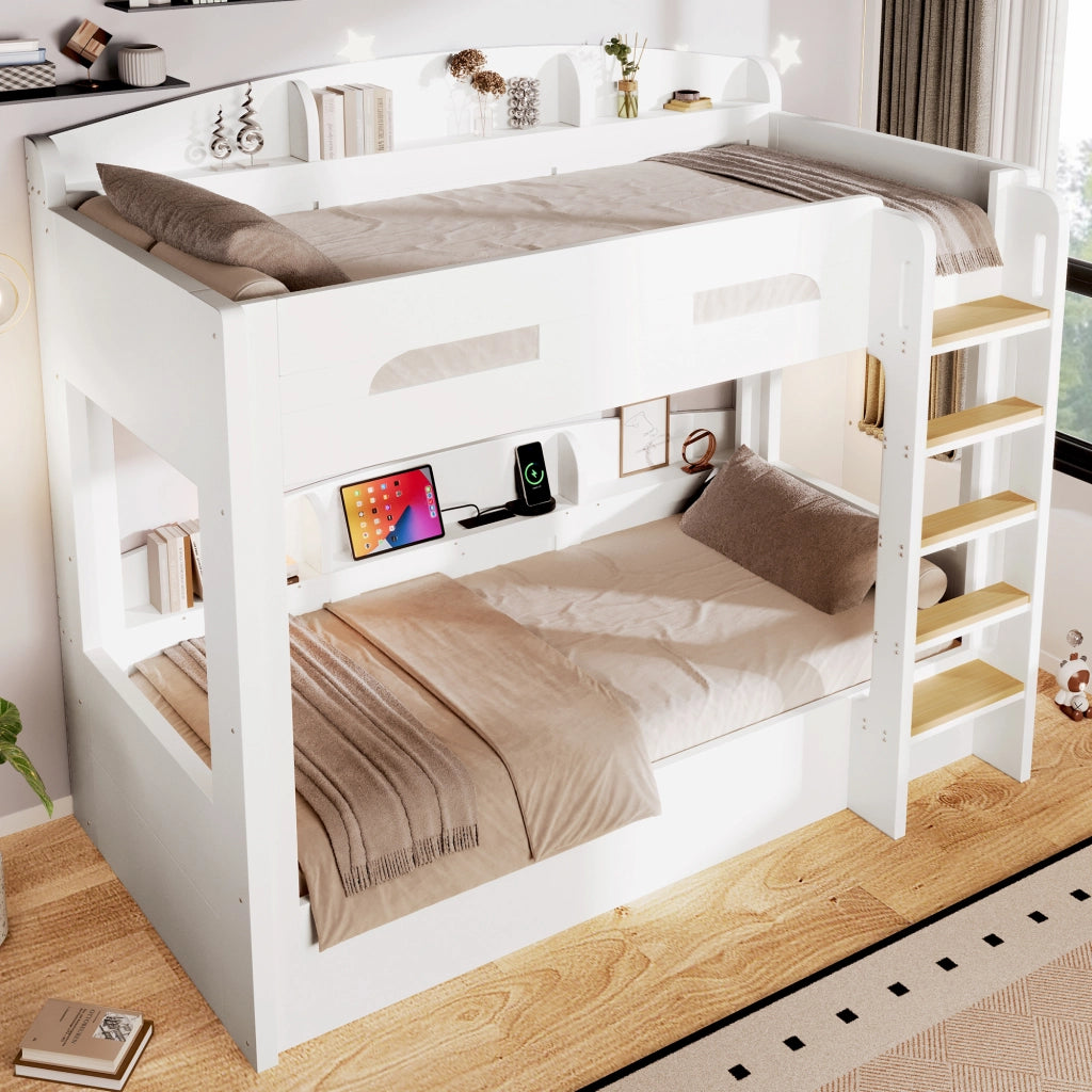 Letto a castello due posti 90 × 200 cm con presa USB e ripiani laterali in legno e MDF