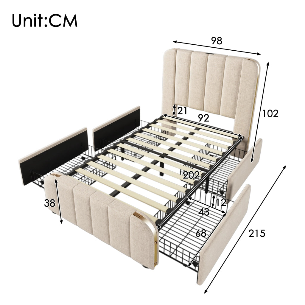 Letto Singolo 90x200 cm Imbottito con 4 cassetti; USB-C; con materasso; Lino; Beige