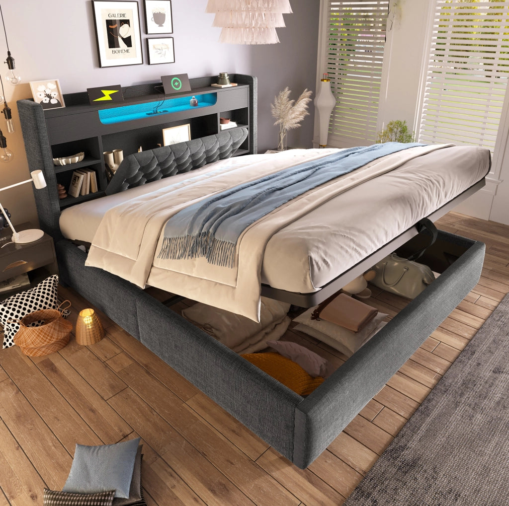 Letto 180x200 cm con contenitore idraulico, LED e USB-C in lino grigio