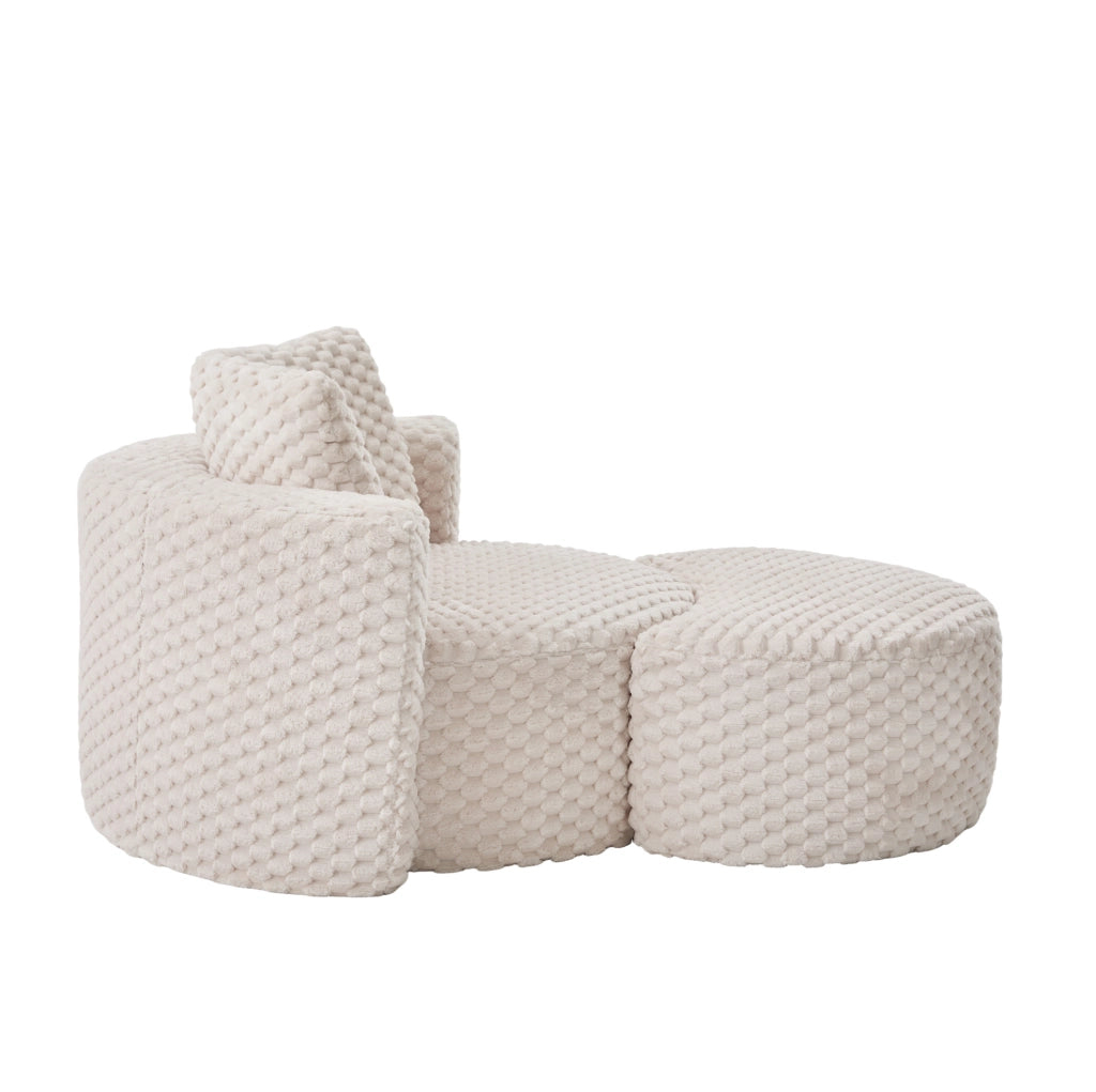 Poltrona singola imbottita con pouf, design a barile 360°, tessuto in pelliccia sintetica, dimensioni 130×115×103 cm, adatta a soggiorno e camera da letto
