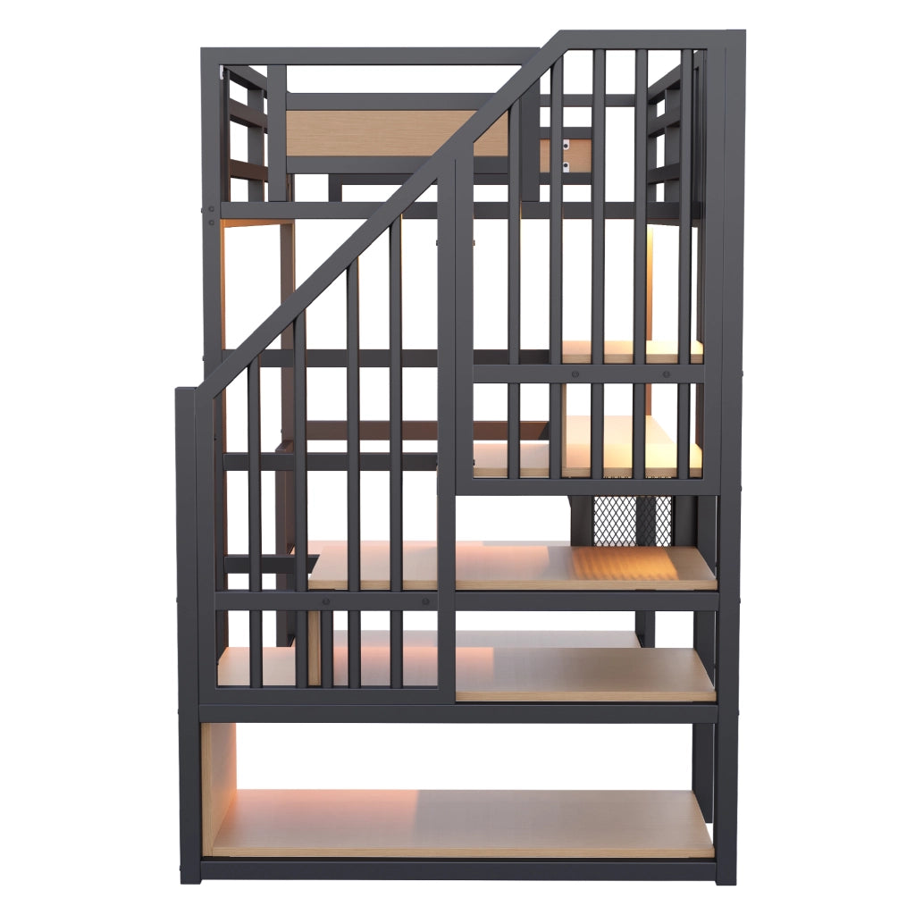 Letto a soppalco 90 × 200 cm con scrivania scaffali scala contenitore metallo e MDF nero con parapetto