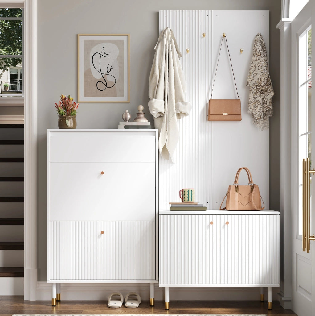 Set guardaroba modulare bianco con scarpiera e appendiabiti