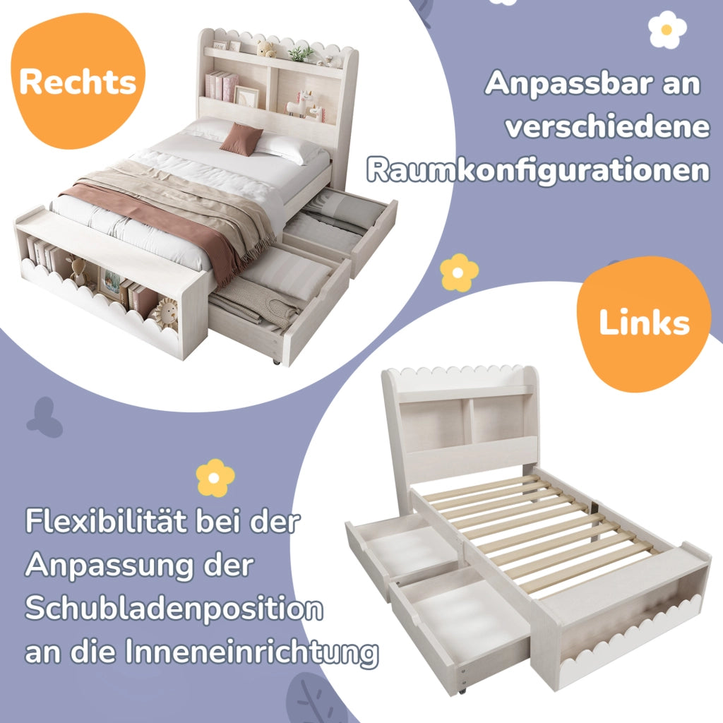 Letto singolo 90 x 200 cm con cassetti, ripiani e panca contenitore