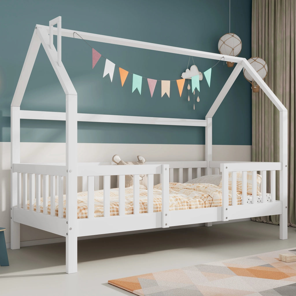 LETTO a casetta con tetto e recinto 90x200 cm in legno di pino bianco