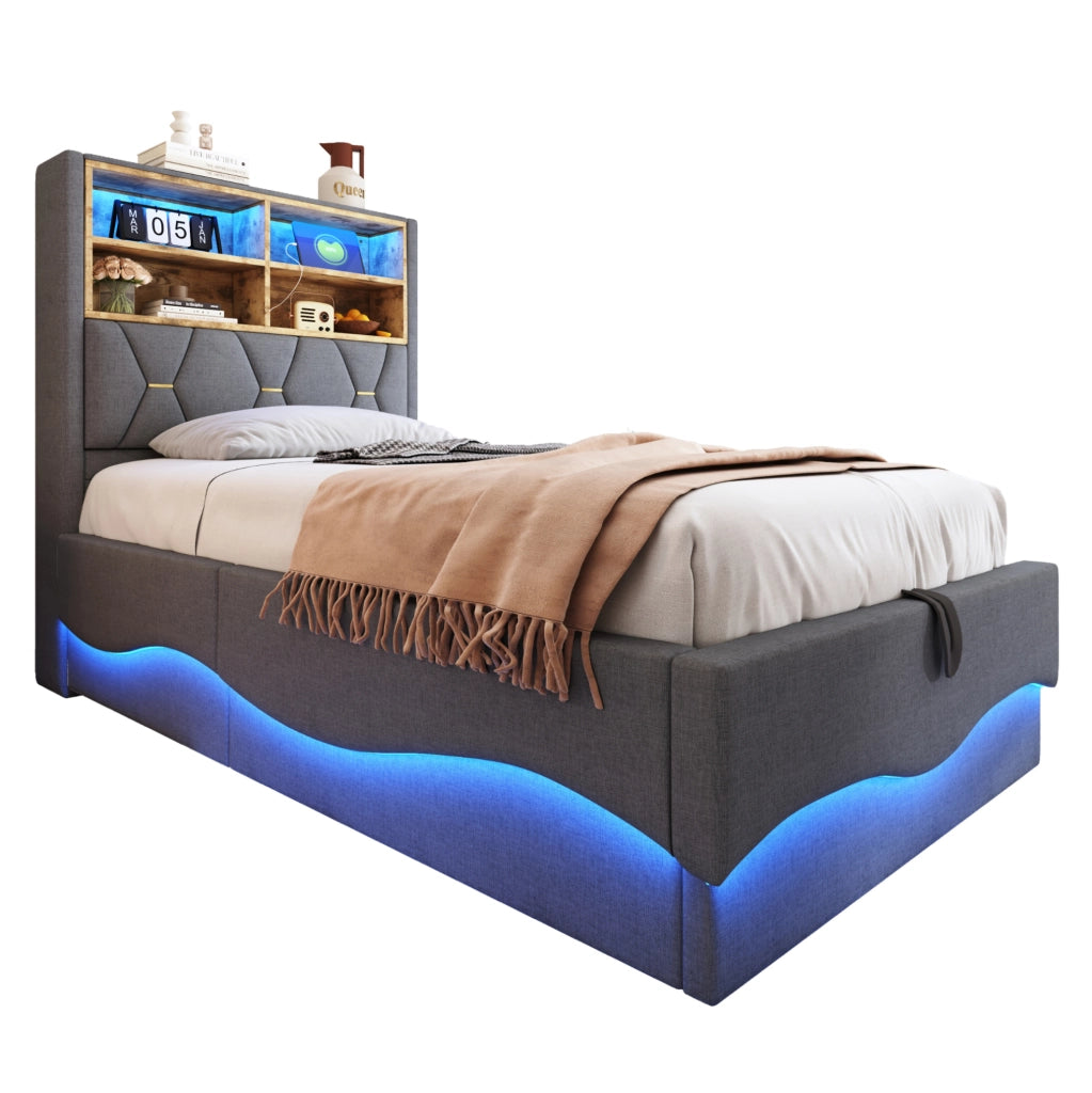 Letto per bambini e ragazzi 90x200 cm con LED, USB e contenitore, grigio in lino