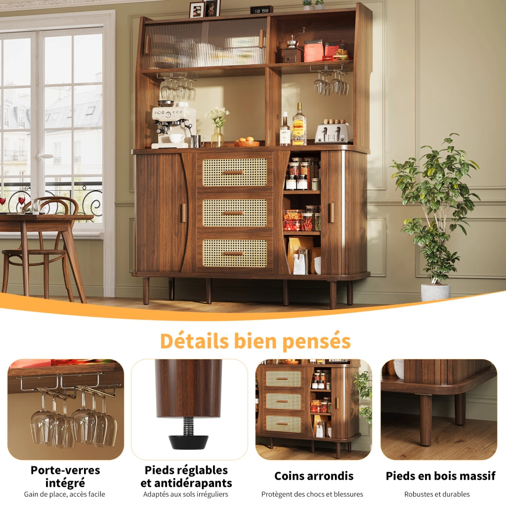 Credenza con ante scorrevoli in vetro 3 cassetti e portabicchieri MDF noce 140 × 40.5 × 174.5 cm