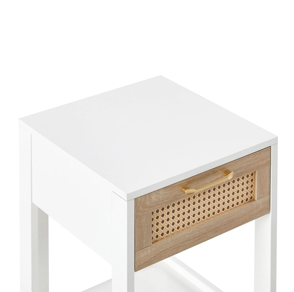 Comodino in rattan con cassetto, bianco, 55x40x40 cm, design moderno per camera e soggiorno