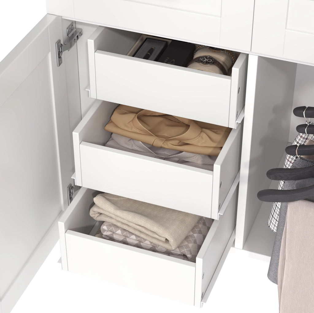Armadio con 4 ante, 2 bastoni appenderia e 5 cassetti, 90x50x200 cm, stile country bianco