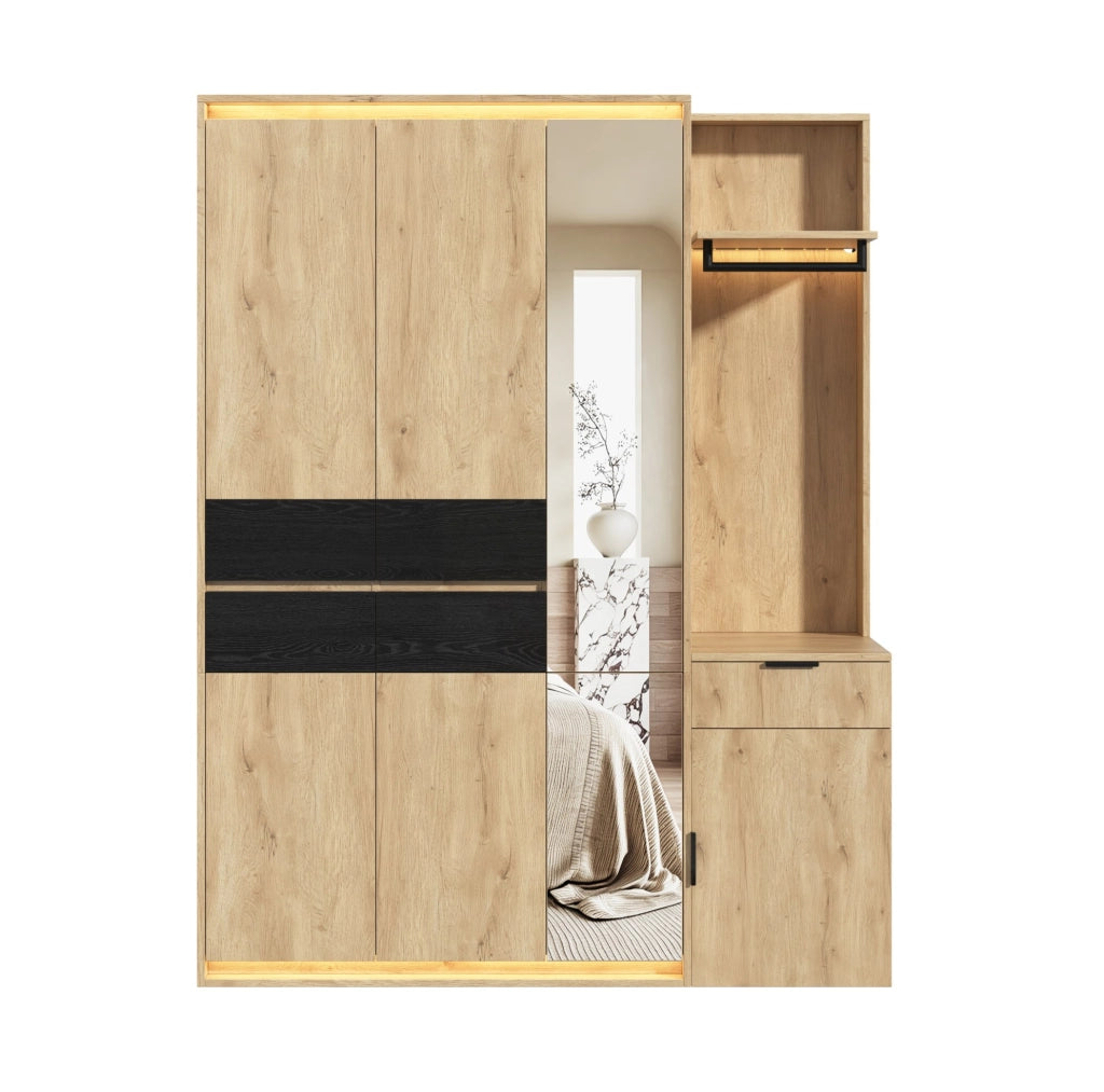 Set guardaroba con specchio e 3 luci LED; 155 ¡Á 47 ¡Á 200 cm; MDF; 5 cassetti