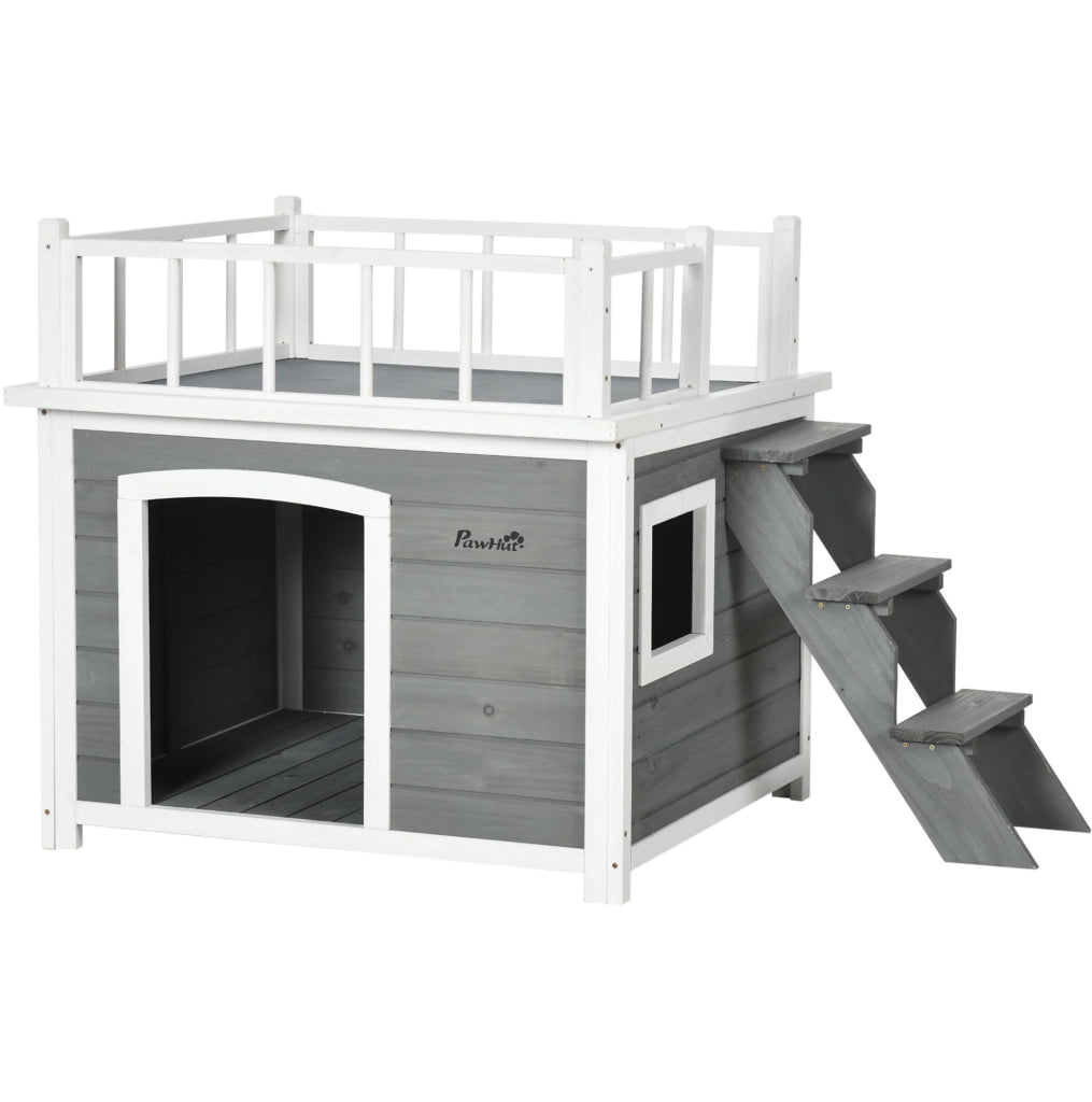 Cuccia rialzata per cani in legno massello di abete con terrazza; grigio chiaro