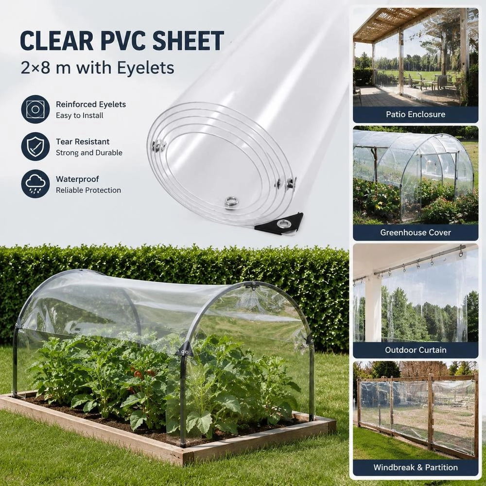 Telo trasparente con occhielli, 2x8 m, in PVC, durevole e versatile, ideale per coperture esterne, giardino e balcone