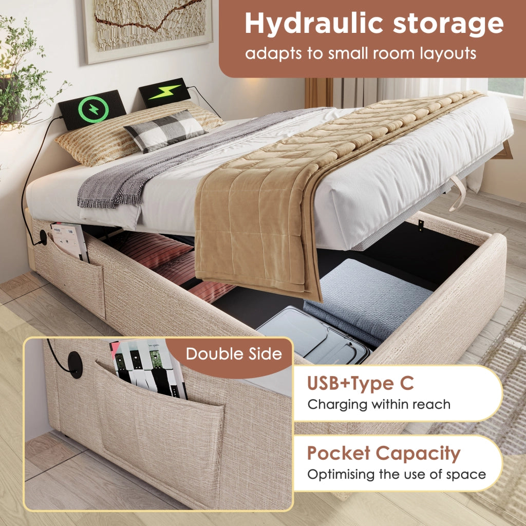 Letto contenitore singolo 90×200 cm con USB; Type-C e tasca laterale; senza materasso; in lino; naturale