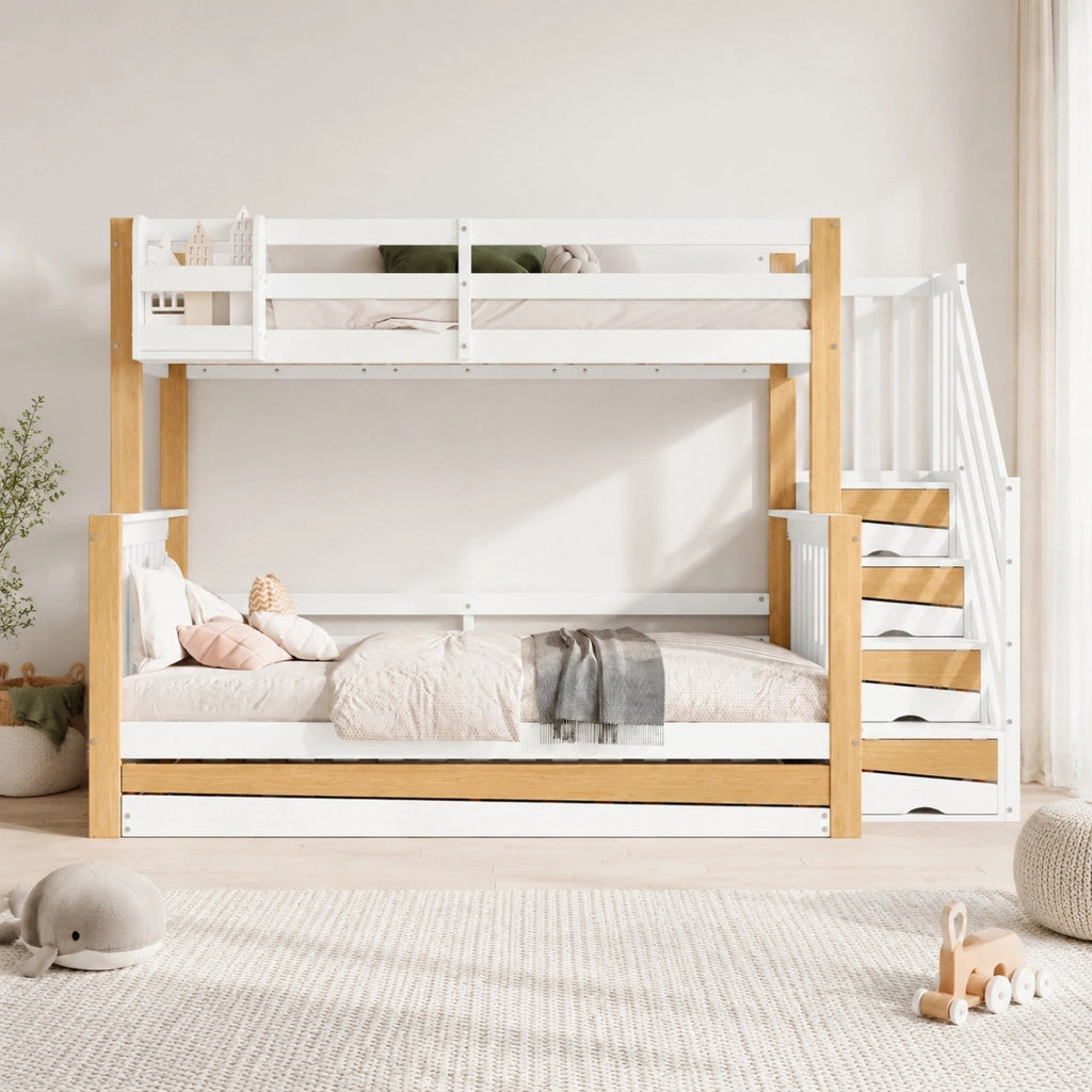Letto a castello con letto estraibile; scala contenitore e sponde; 120x200 cm; bianco/natur