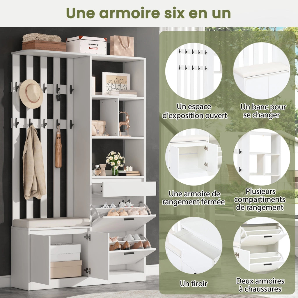 Guardaroba da ingresso multifunzionale 120x30x200 cm in MDF bianco con panca imbottita, 2 ribalte porta scarpe, 1 cassetto, 2 ante e 10 appendini, capacità 30 kg