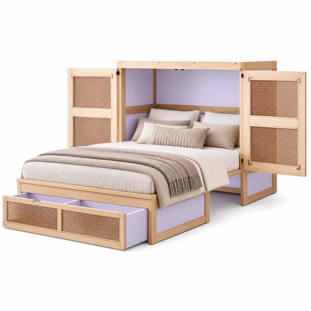 Letto a scomparsa 140x200 cm con rete a doghe, design in rattan e struttura in legno, con cassetti contenitori