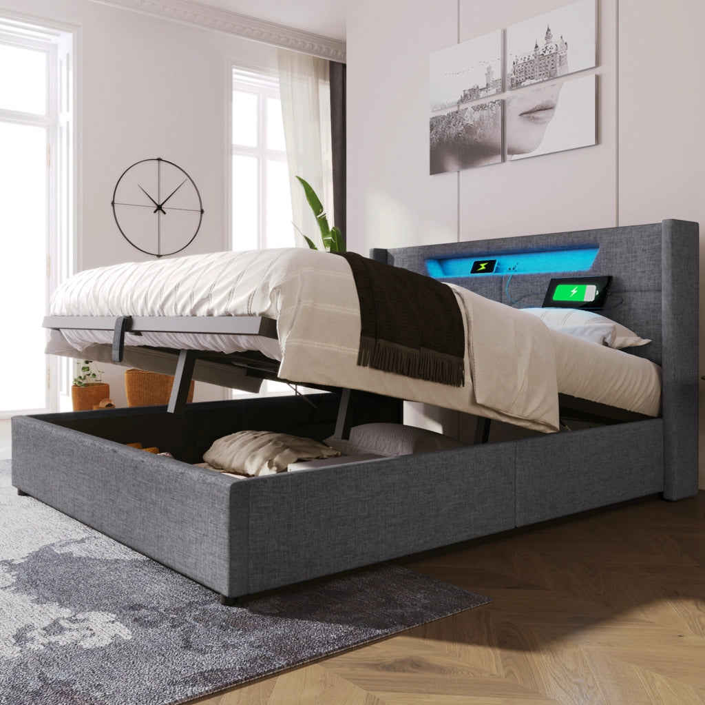 Letto imbottito con contenitore LED, ricarica USB e Tipo C 140 x 200 cm