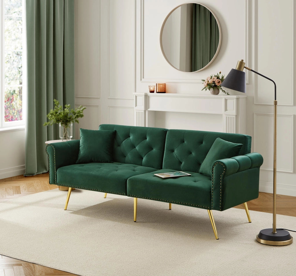 Divano letto 2 posti 173 x 75 x 70 cm con schienali regolabili; velluto; verde antico