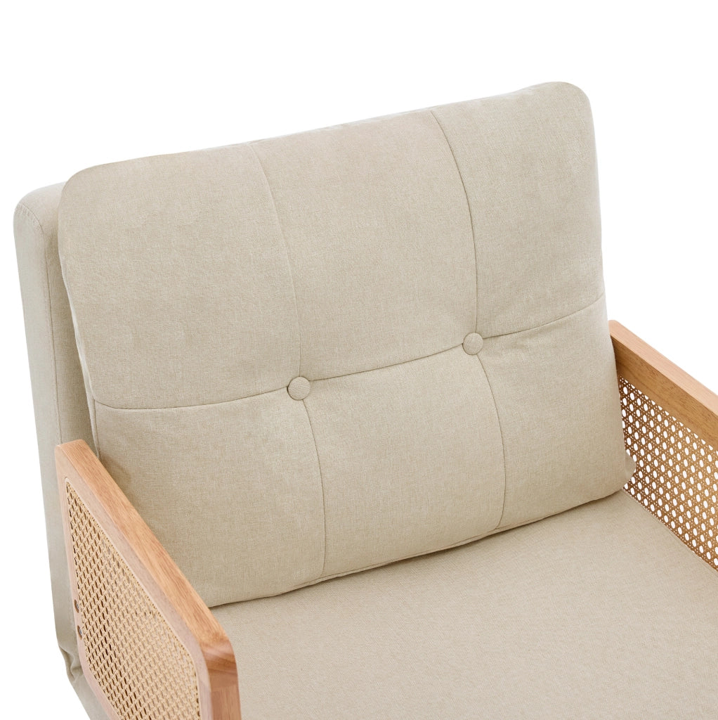 Poltrona letto 3 in 1 beige con schienale regolabile e braccioli intrecciati salvaspazio