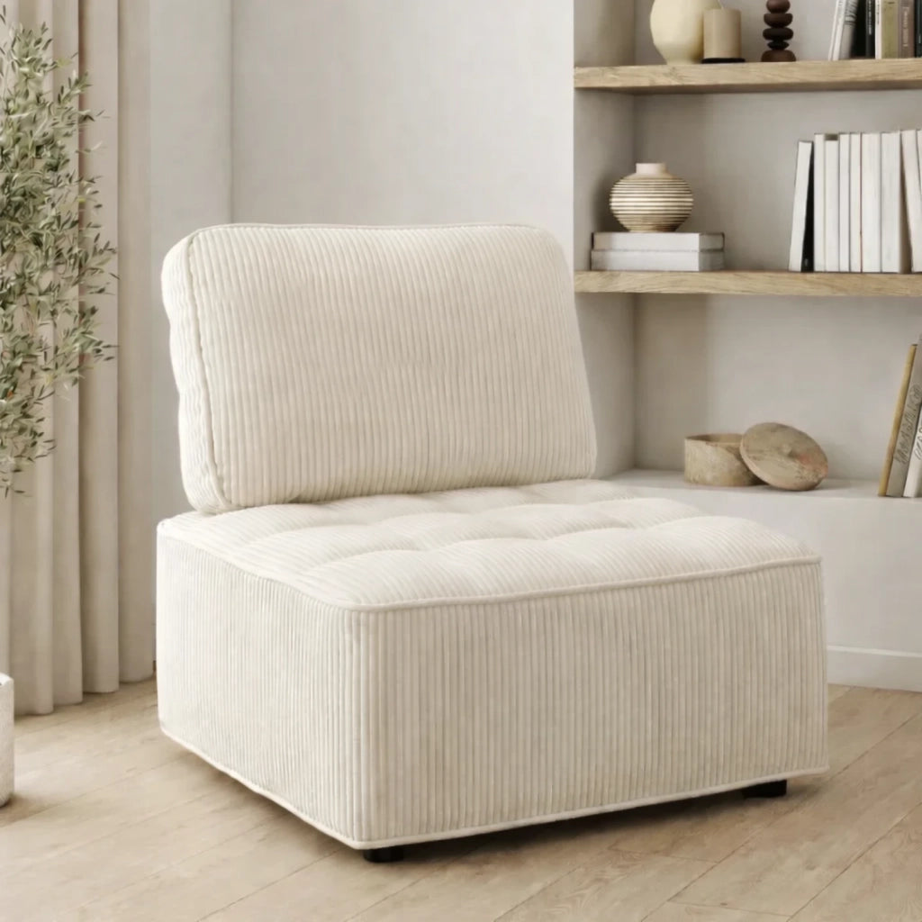 IDMarket - Modulo divano e poltrona in velluto a coste beige ALFIE
