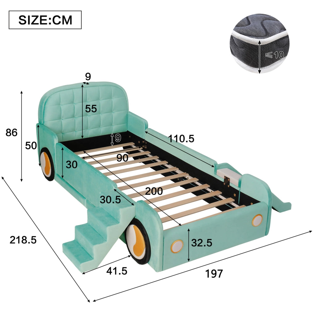 Letto per bambini a forma di auto con scivolo e scala 90x200 cm in velluto blu-verde