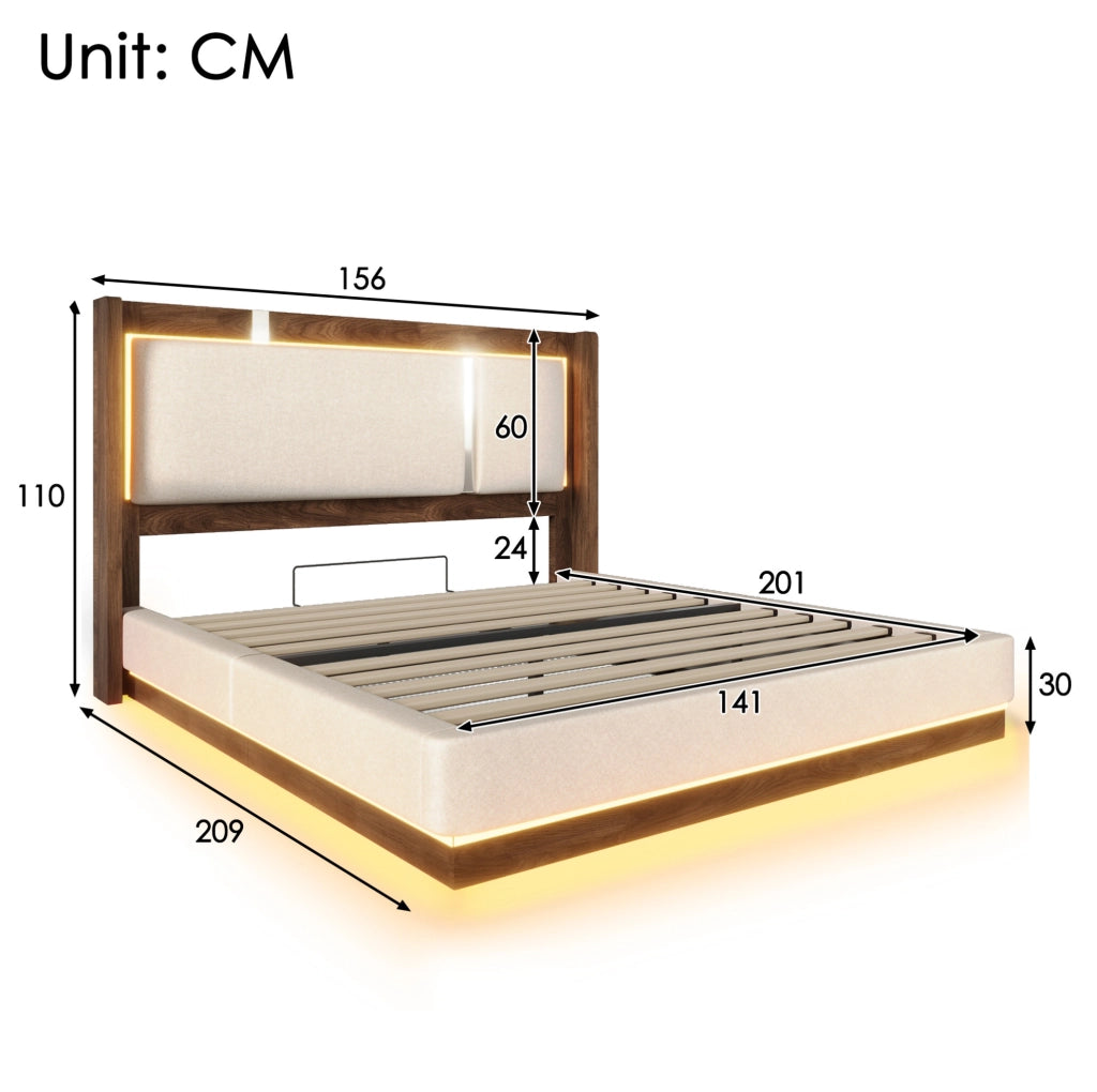 Letto matrimoniale imbottito 140x200 cm con rete a doghe, LED e contenitore, beige lino e noce, senza materasso