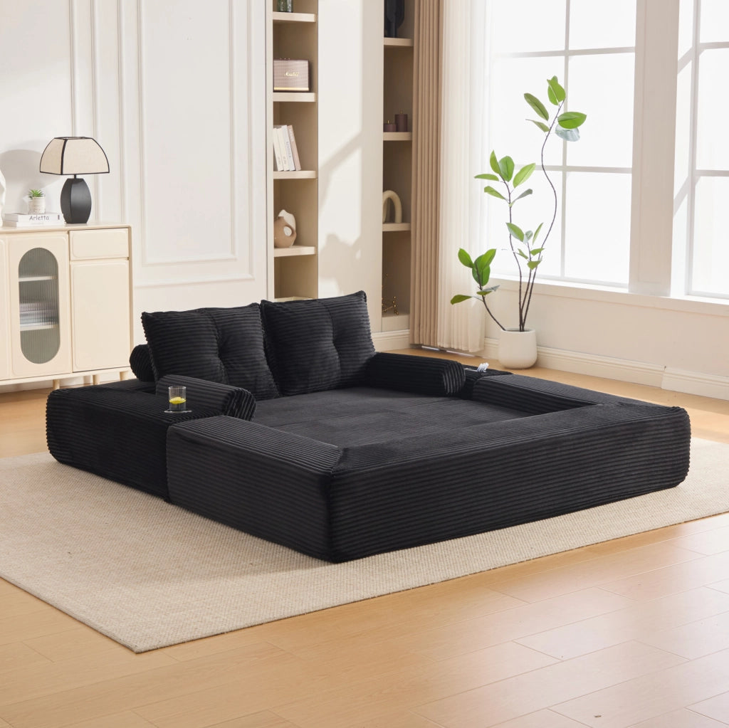 Divano letto modulare in velluto a coste nero 180x98 cm