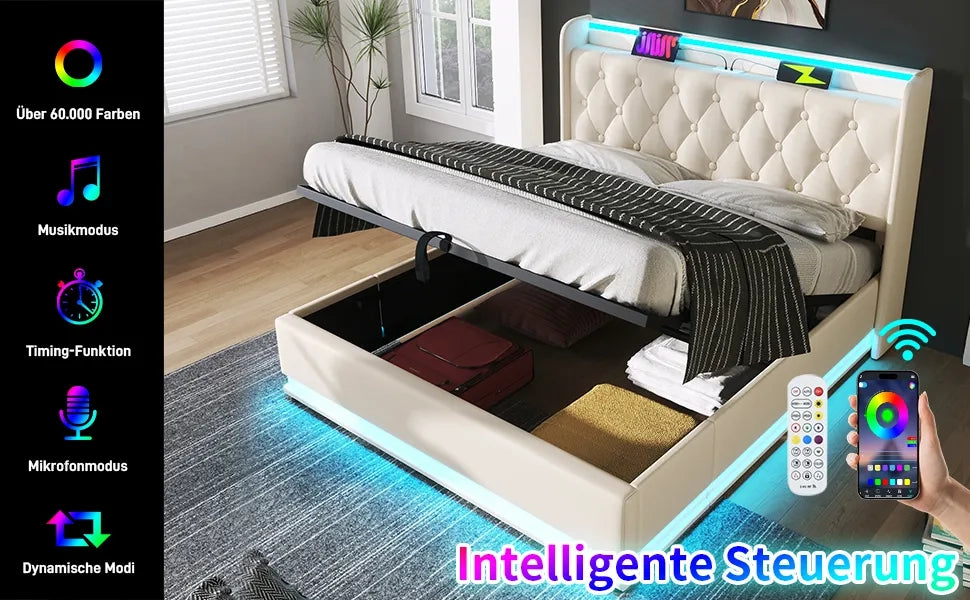 Letto matrimoniale imbottito 180x200 cm, bianco in PU, con testiera imbottita e porta USB-C. LED a 360° con telecomando/app/pulsante. Base idraulica