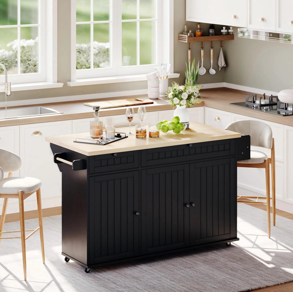 Isola da cucina mobile 137x70x89;5 cm con piano pieghevole in MDF nero e naturale