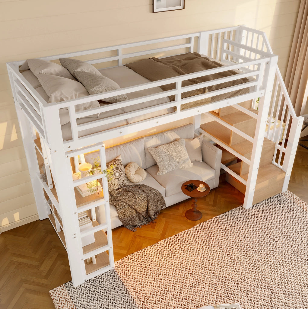 Letto a soppalco 90x200 cm in metallo con scala, ripiani e illuminazione LED integrata, bianco