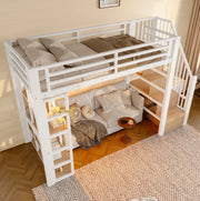 Letto a soppalco 90x200 cm in metallo con scala, ripiani e illuminazione LED integrata, bianco