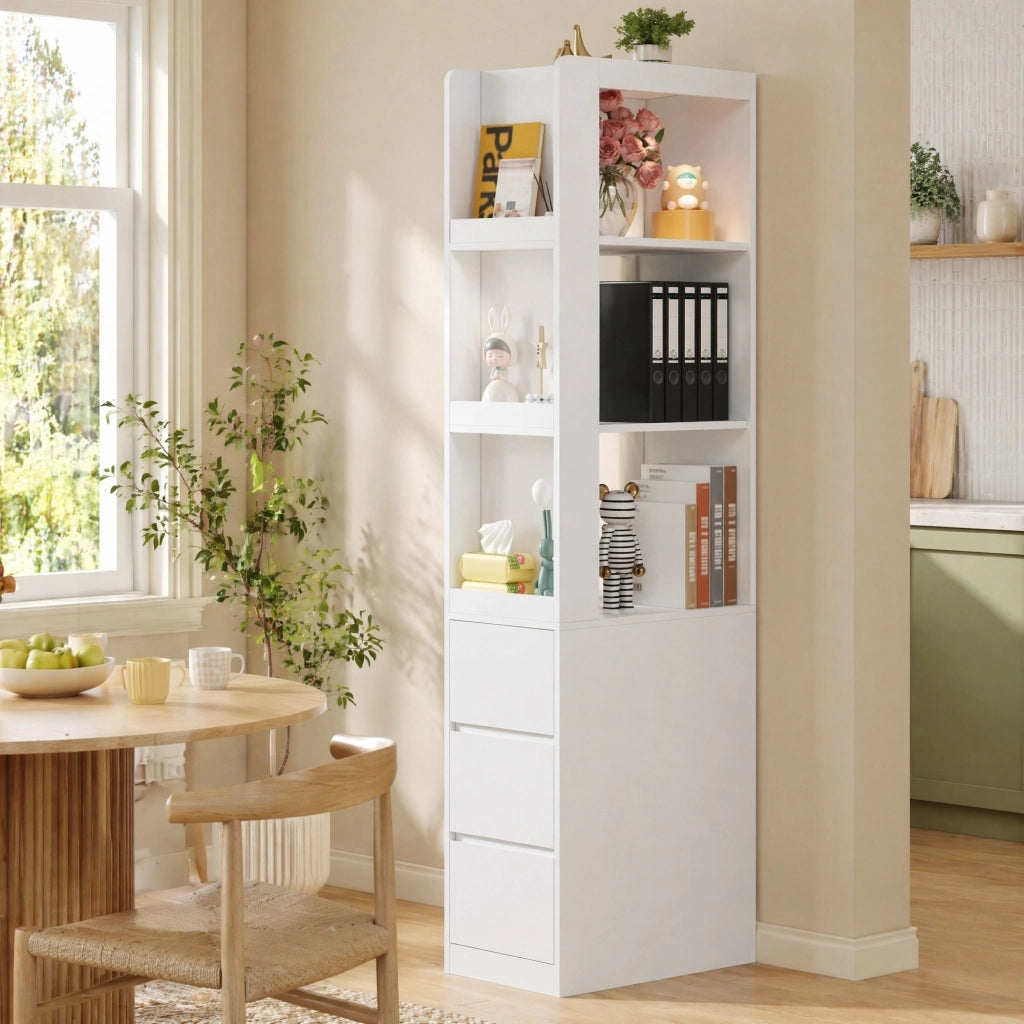 Libreria stretta bianca alta 200 cm con 3 cassetti