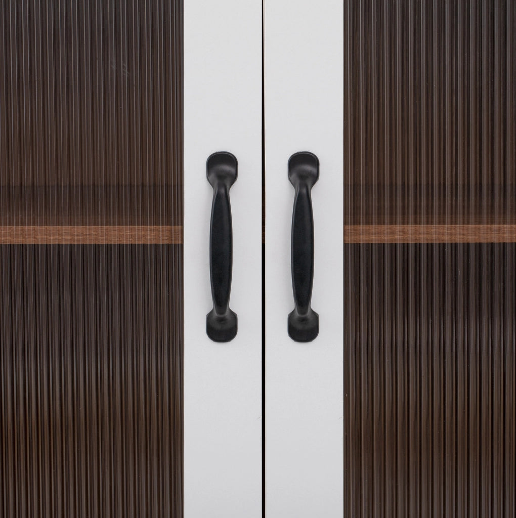 Highboard in MDF Weiß und Nussbaum mit verstellbaren Regalböden, Schubladen und Riffelglas, 100x40x200 cm, ideal für Esszimmer und Küche