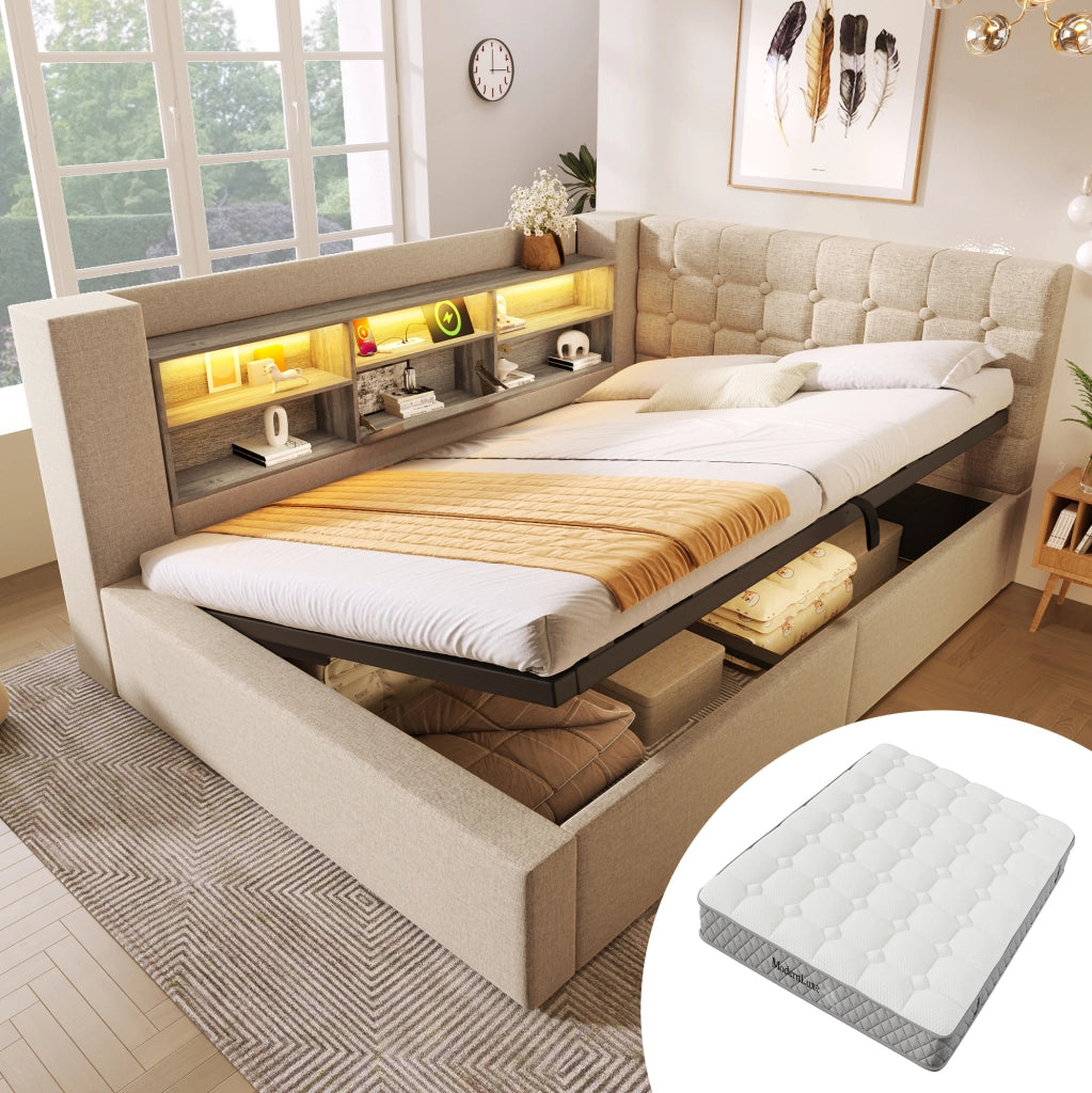 Letto imbottito 140x200 cm beige con materasso, LED, USB e contenitore