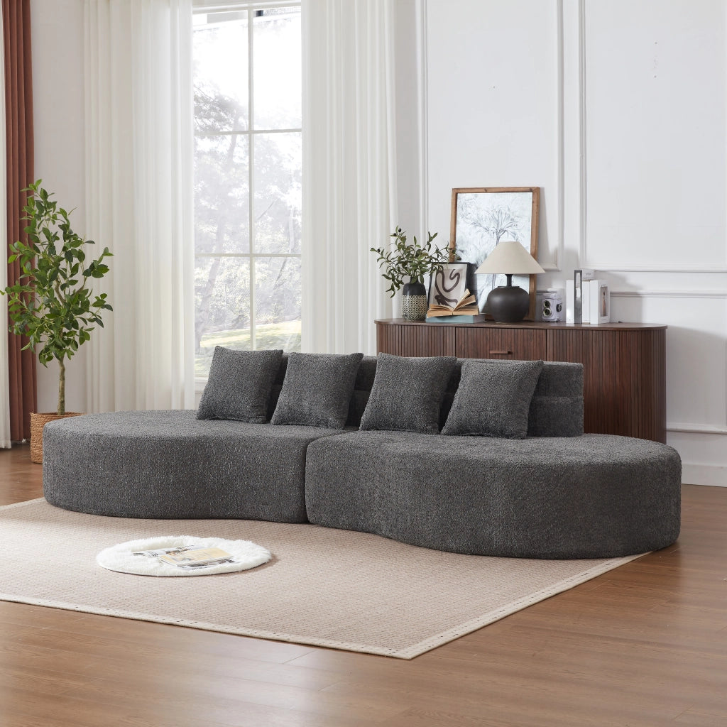 Divano modulare 2 pezzi con schienale a livelli e cuscini in chenille grigio
