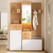 GARDEROBA MULTIFUNZIONE 120x32x178 cm Bianco e Naturale con specchio e LED
