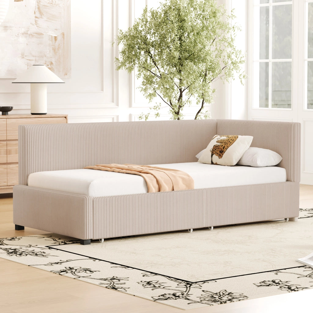 Letto imbottito singolo 90×200 cm con 2 cassetti; testiera reversibile e rete; senza materasso; beige