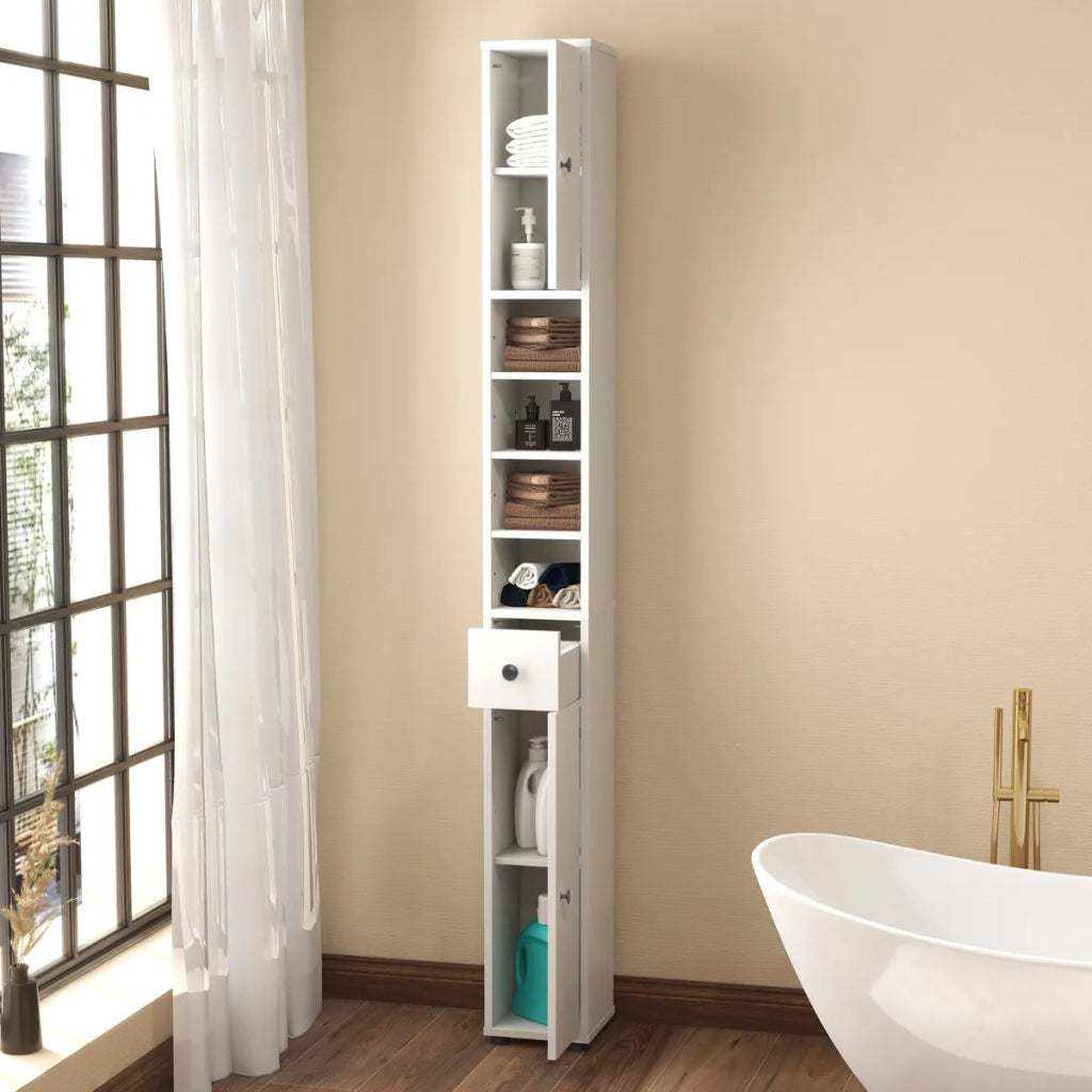 Armadio alto da bagno a colonna, 180 cm, 2 ante e 1 cassetto, MDF bianco, salvaspazio per casa
