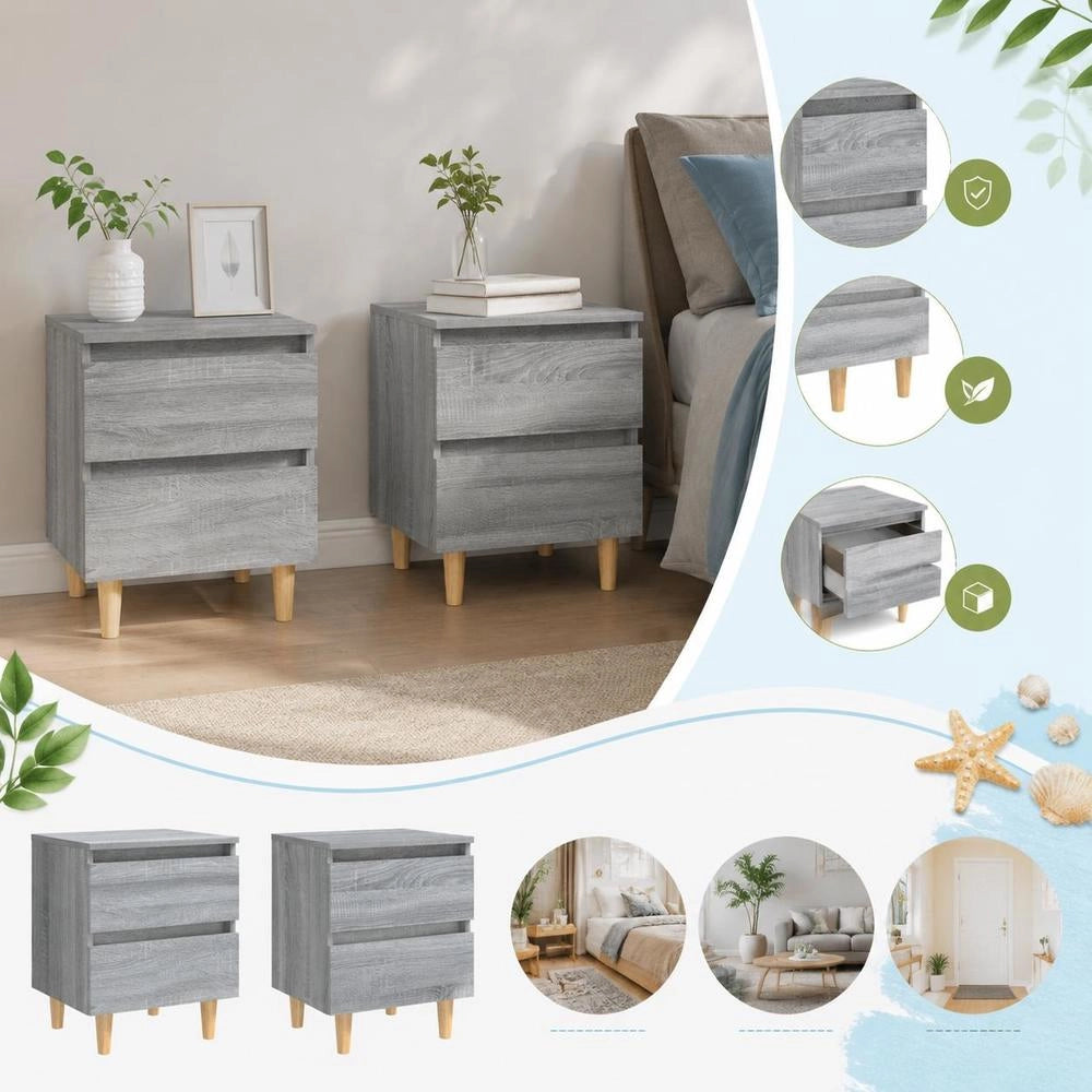 Bedside Table With Solid Wood Legs (2 Pieces), Sonoma Gray, 40x35x50cm