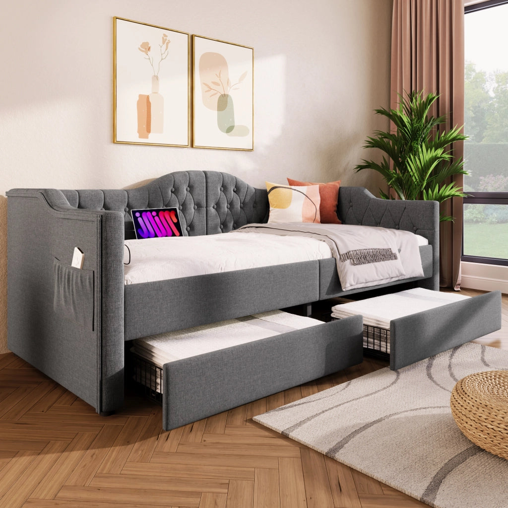Letto imbottito con USB Type-C, 2 cassetti e design salvaspazio