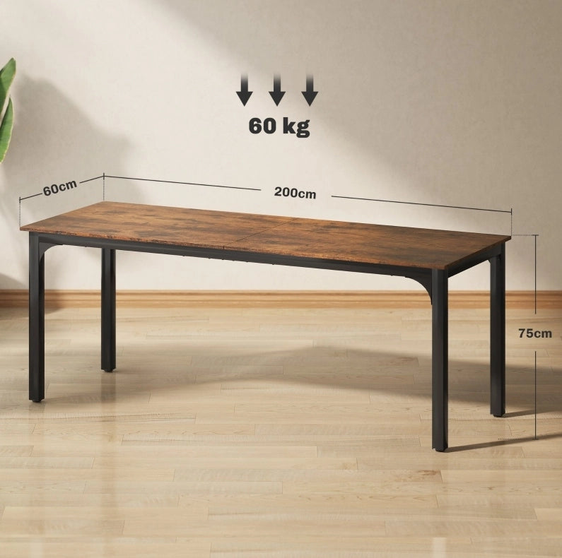 Scrivania in stile industriale, struttura in acciaio con piano in truciolato melaminico marrone, 200x60x75 cm