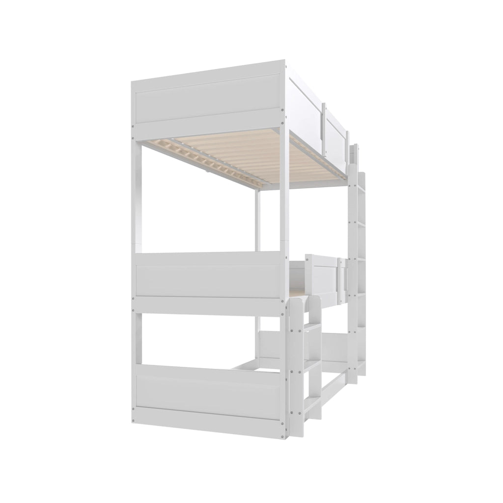 Letto a tre livelli bianco in legno massello di pino 90×200 cm, trasformabile in letto singolo più castello basso