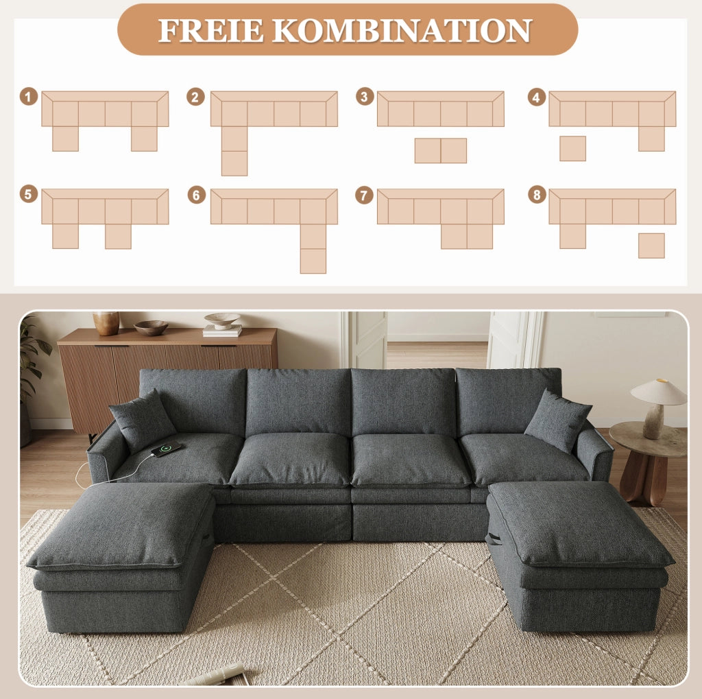 Divano angolare modulare a U/L da 6 posti con due pouf mobili contenitore, tessuto cotone-lino grigio, 277×80×135 cm