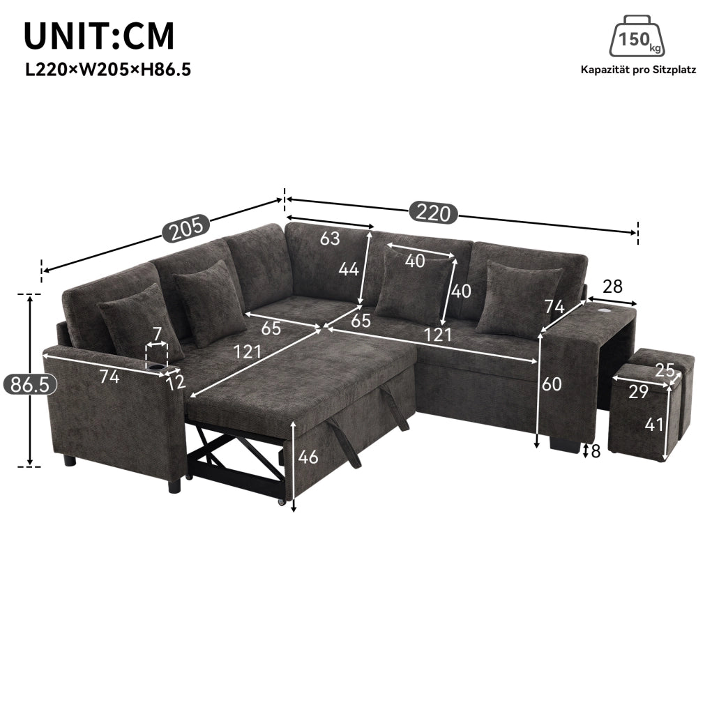 Divano angolare letto L, 5 posti con pouf contenitore, tessuto chenille grigio, USB e USB-C, braccioli larghi, con cuscini inclusi