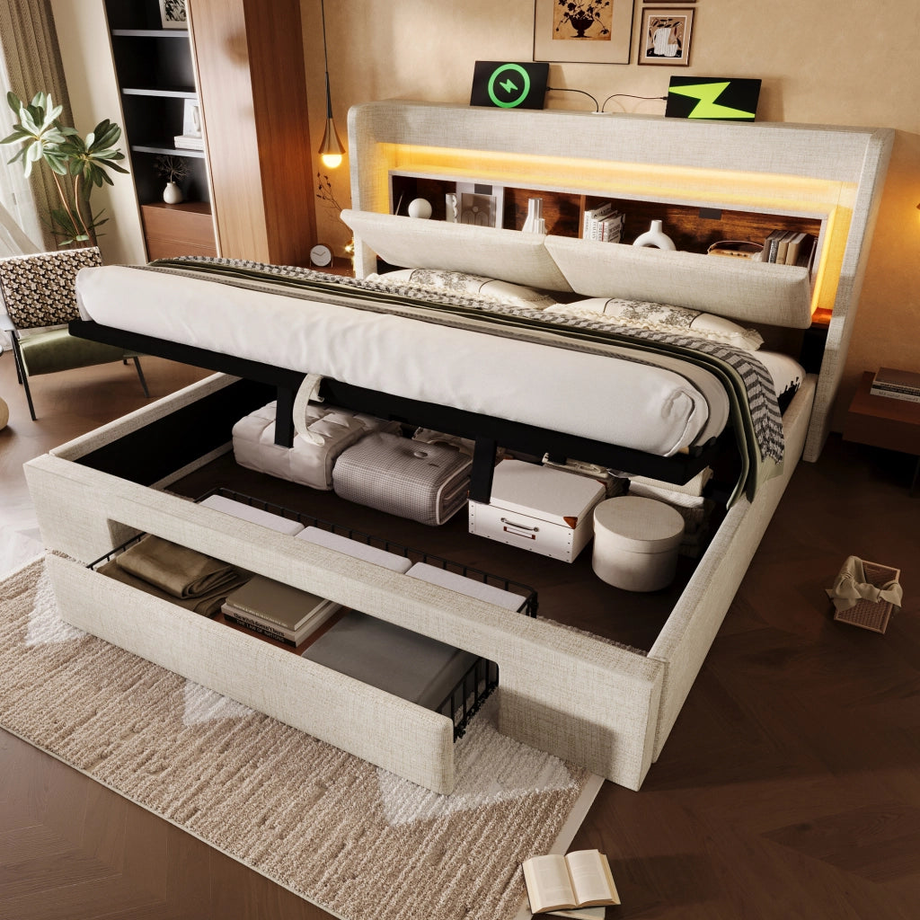 Letto contenitore 140 × 200 cm idraulico con testiera con vano; LED; USB e USB-C rete a doghe in lino beige