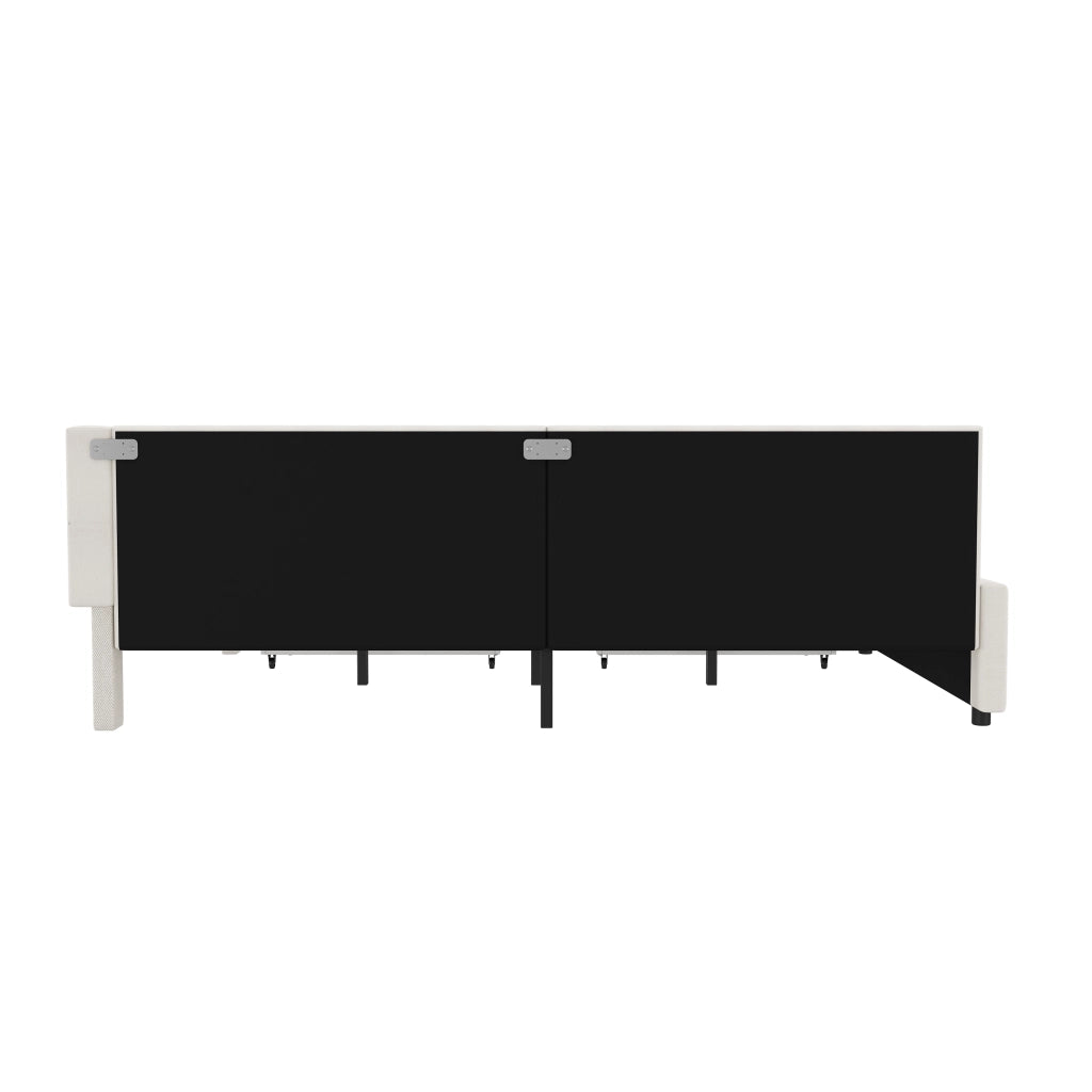 Letto matrimoniale 140×200 cm con LED; USB e Type C; cassetti e ripiani; senza materasso; lino e MDF; beige