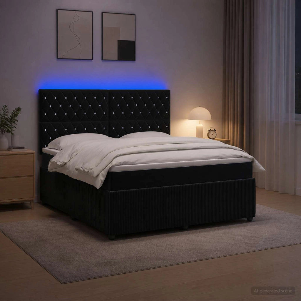 Letto Box Spring LED con Materasso Nero 140 x 200 cm Velluto 3456079