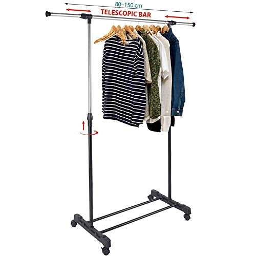 Stand Appendiabiti Allungabile Singolo Asta Estensibile con Ruote 89x41x93/145