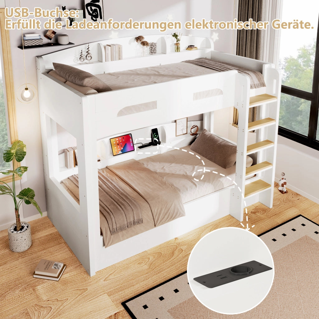 Letto a castello due posti 90 × 200 cm con presa USB e ripiani laterali in legno e MDF