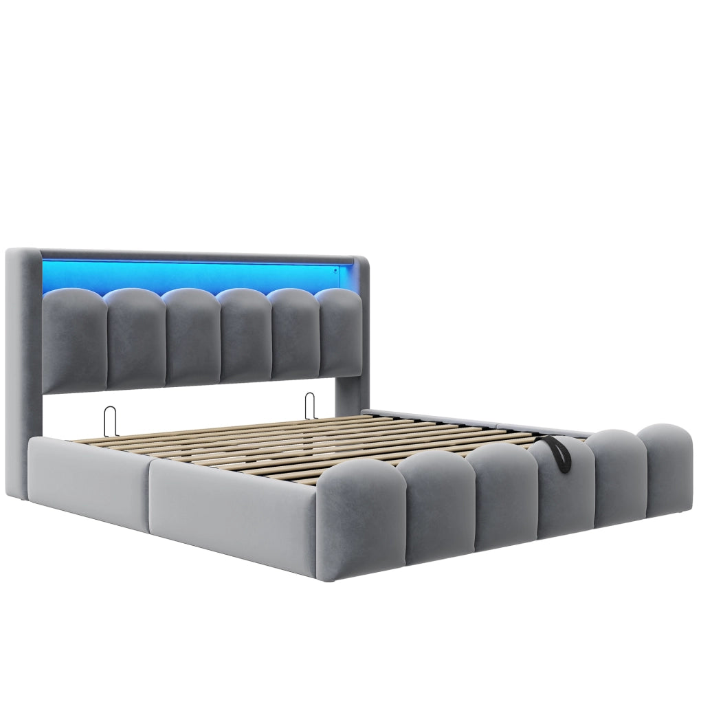 Letto matrimoniale imbottito 180x200 cm in velluto grigio con contenitore; LED e USB/Type-C